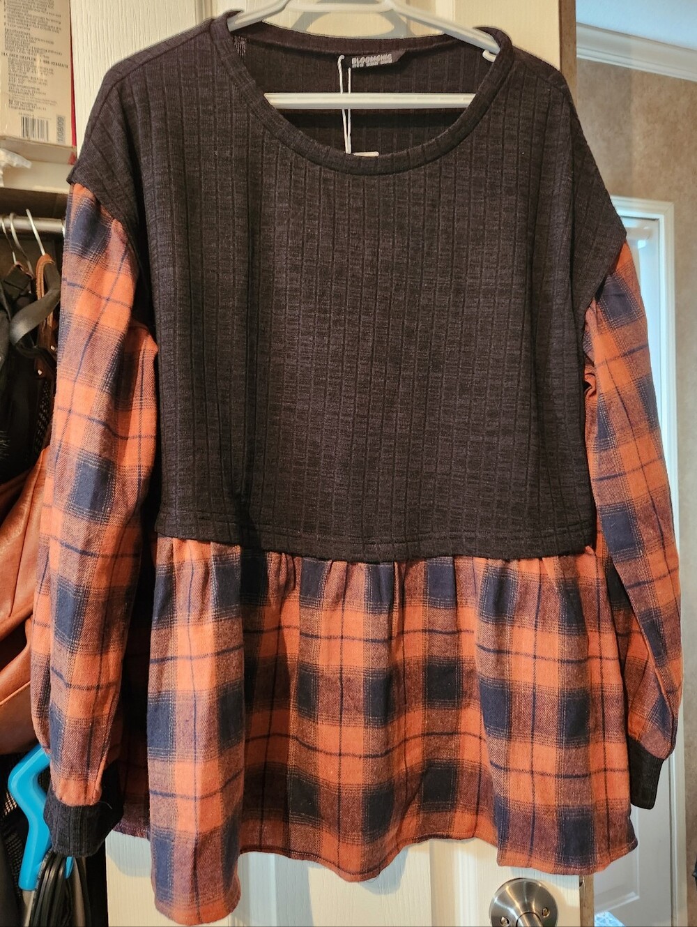 Black & Orange Plaid Long-Sleeve Peplum Top 18-20 Plus Size XXL